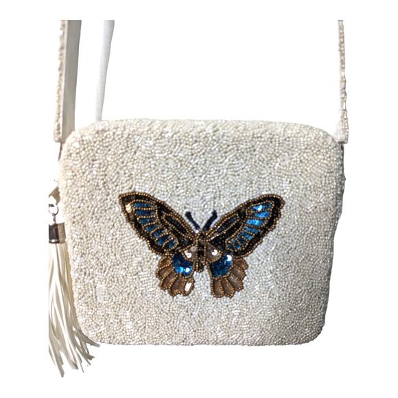 Tiana Y2K Beaded Butterfly Bag Ivory Multi Sequin Crossbody Purse Handcrafted - Picture 1 of 11